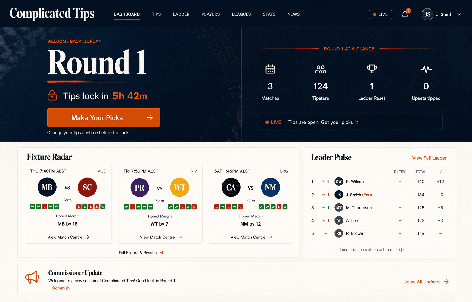 Broadcast Weekender desktop concept for the Complicated Tips dashboard