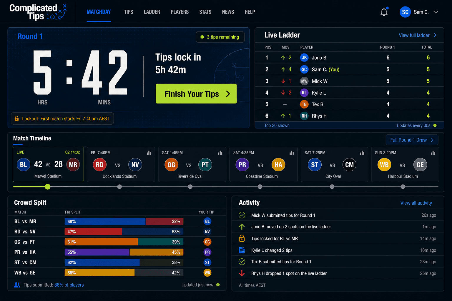 Matchday Control Room desktop concept for the Complicated Tips dashboard